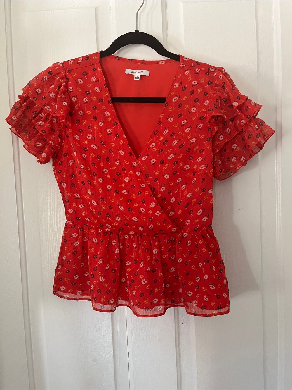 Madewell Red Floral Wrap Peplum Blouse